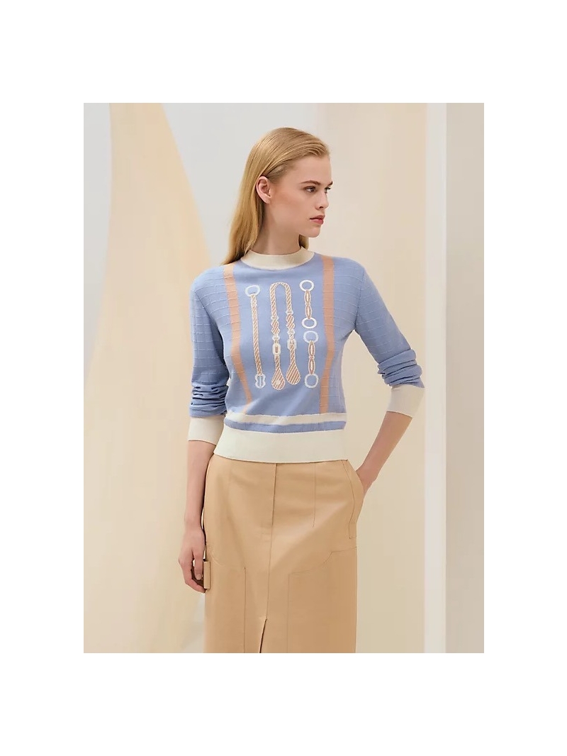 Hermes Early Autumn 25 Saddle Training Embroidered Cashmere Long-Sleeve Knitwear in Light Blue