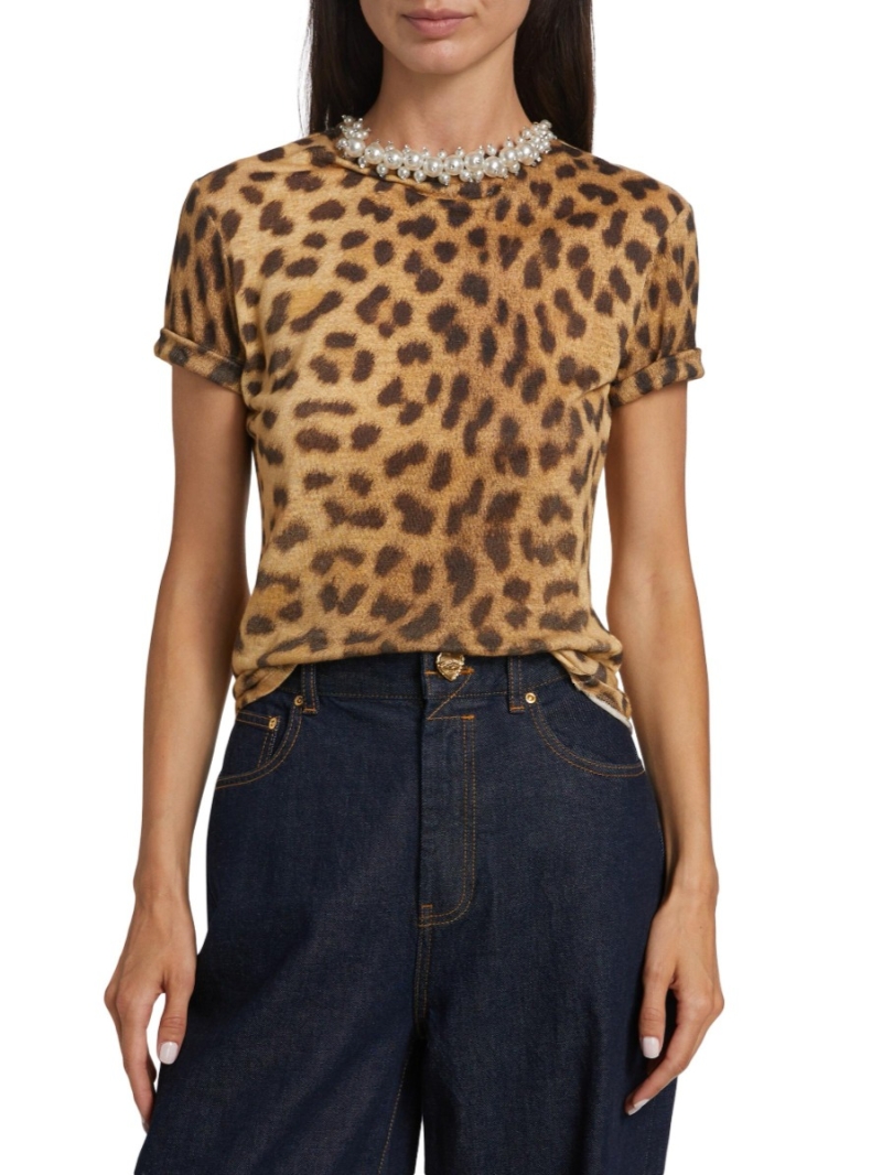 Zimmermann Luxe Leopard Print T-Shirt with Pearl & Crystal Collar