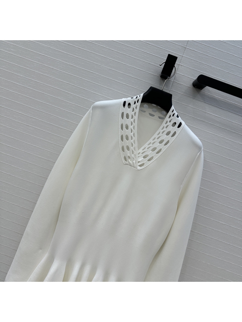 Alaia White V-Neck Lace Cutout Knit Dress with Flared Skirt