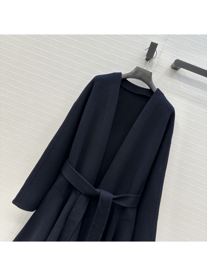 Alaia Mystic Blue Double-Faced Wool & Cashmere Wrap Coat with Ruffled Hem | Handcrafted Luxury Winter Coat