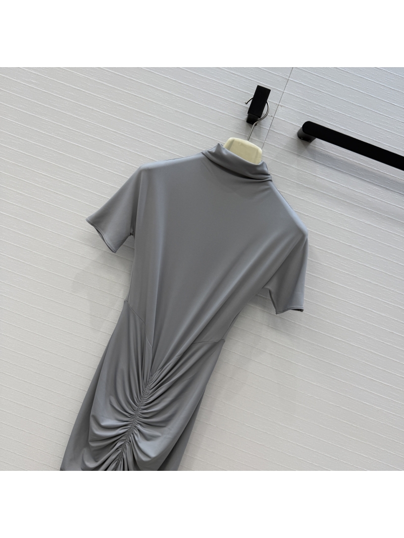 Alaia Ruched Mock Neck Short-Sleeve Elastic Sculpting Maxi Dress in Dove Gray