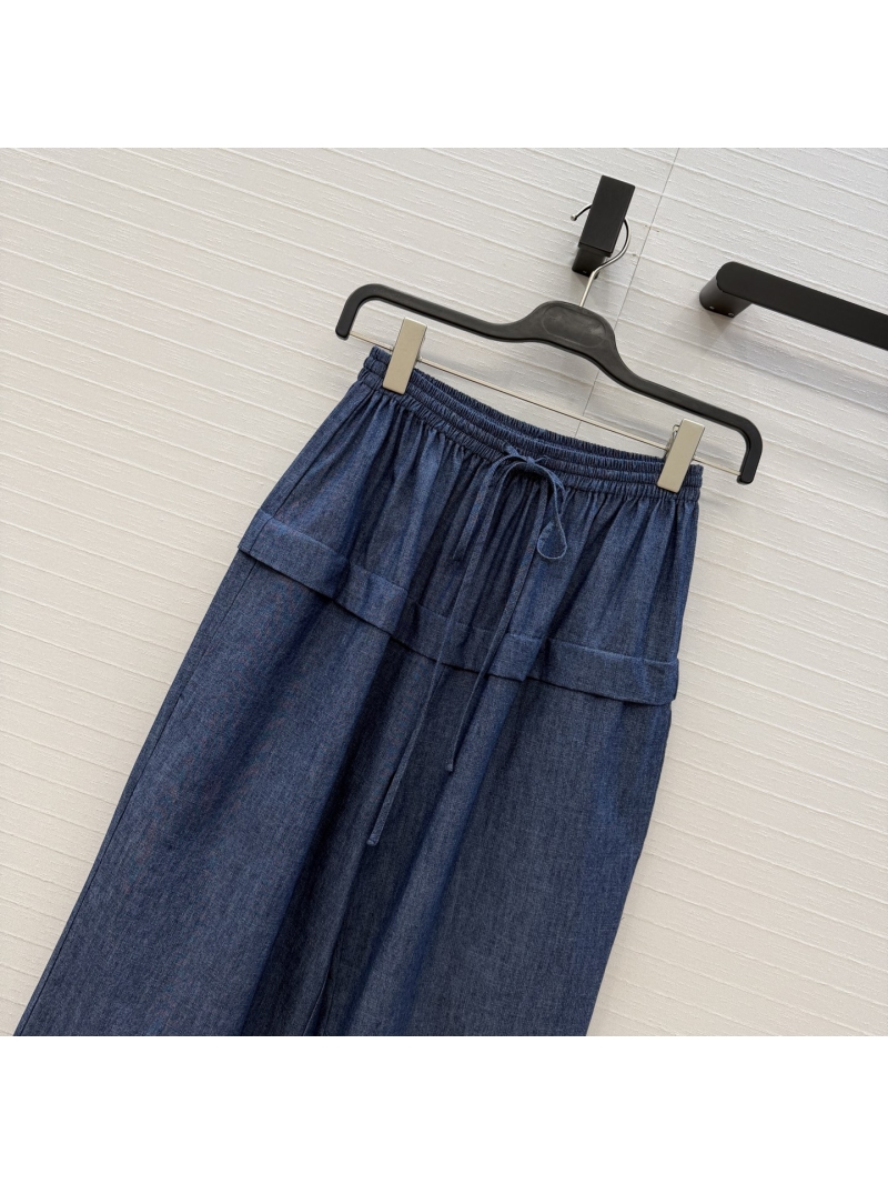 Alaïa Linen-Blend Denim Wide-Leg Ruffled Trousers in Dark Blue