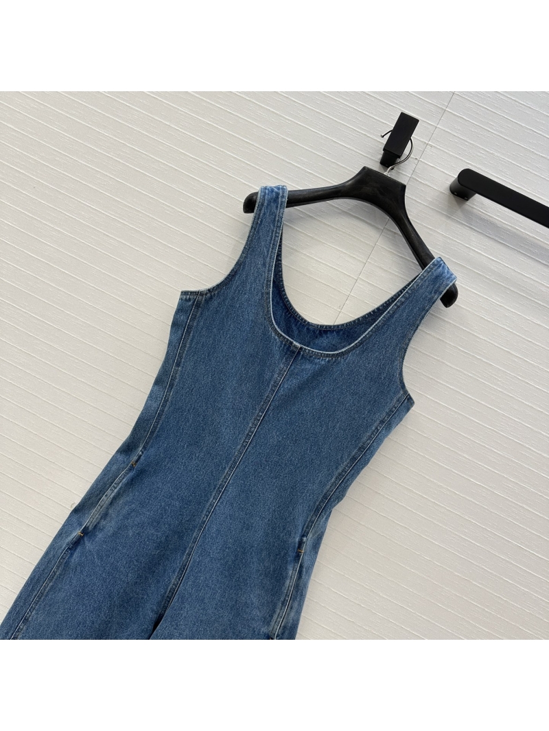 Alaïa Enzyme-Washed Denim Wide-Strap Jumpsuit with Sculptural Bent-Knife Tailoring