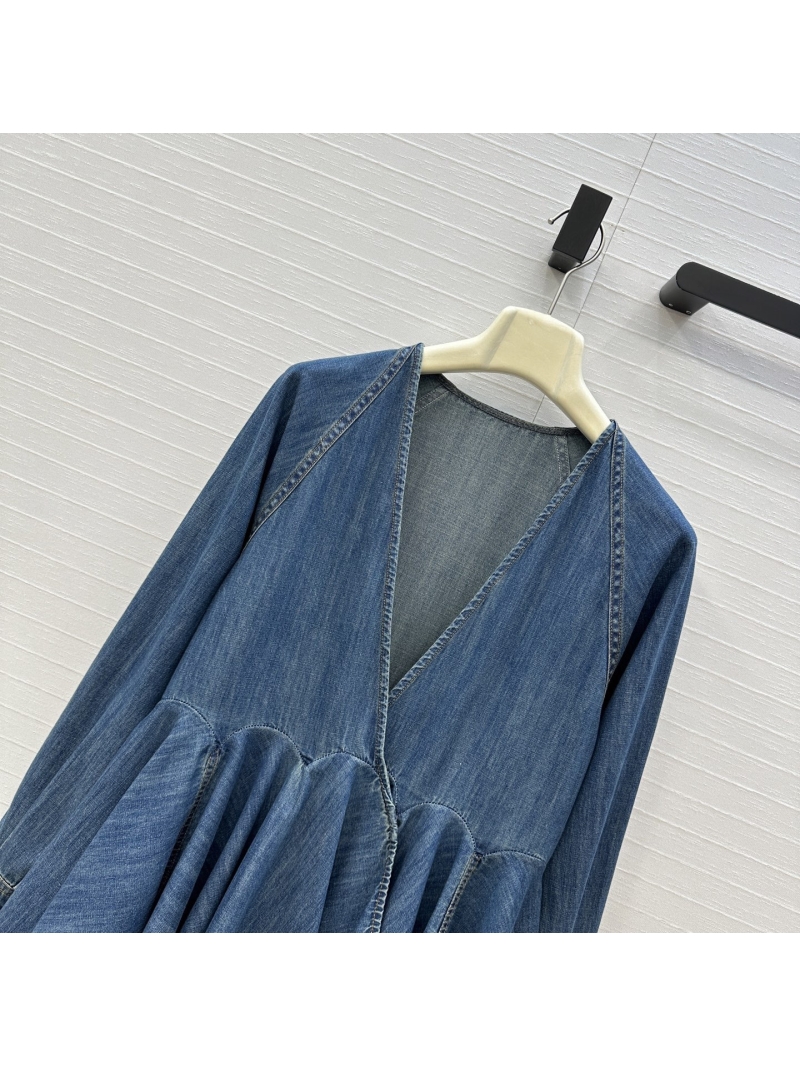 Alaïa Exquisite Vintage Washed Denim Deep V-Neck Pleated Peplum Top