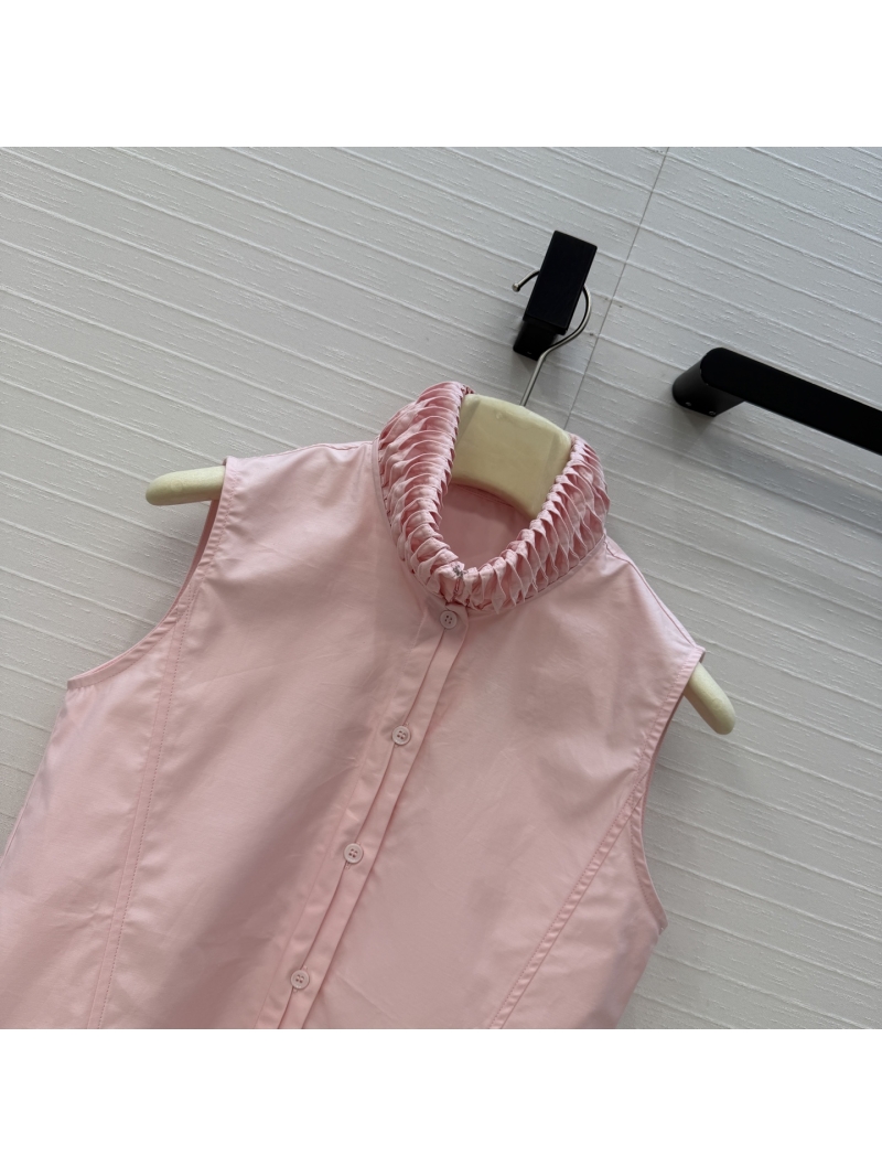 Alaïa Imported Cotton Poplin Sleeveless Ruffled Stand Collar Blouse in Pastel Pink