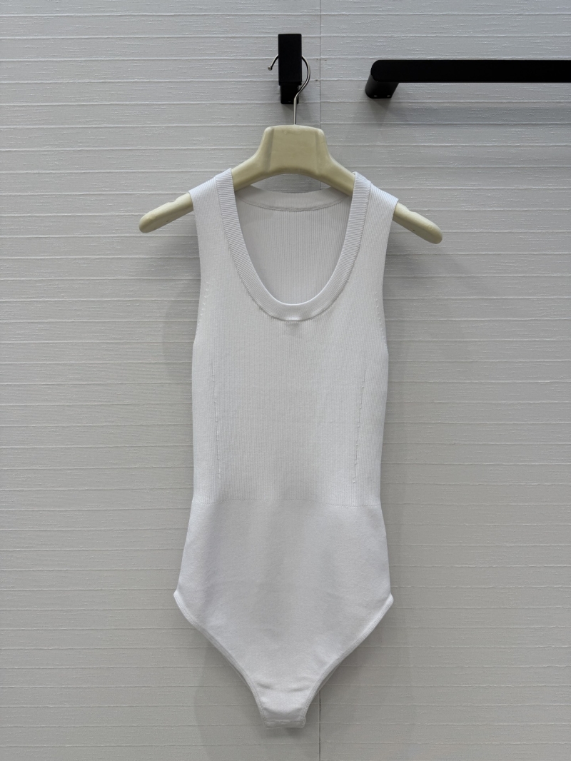 Alaia Ribbed Knit Machine-Woven Yarn Bodysuit Tank Top in White