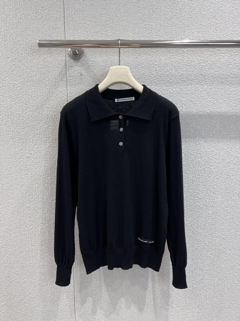 Alexander Wang Black Collared Knit Polo Sweater | Custom Wool Blend, Embroidered Logo, Relaxed Fit