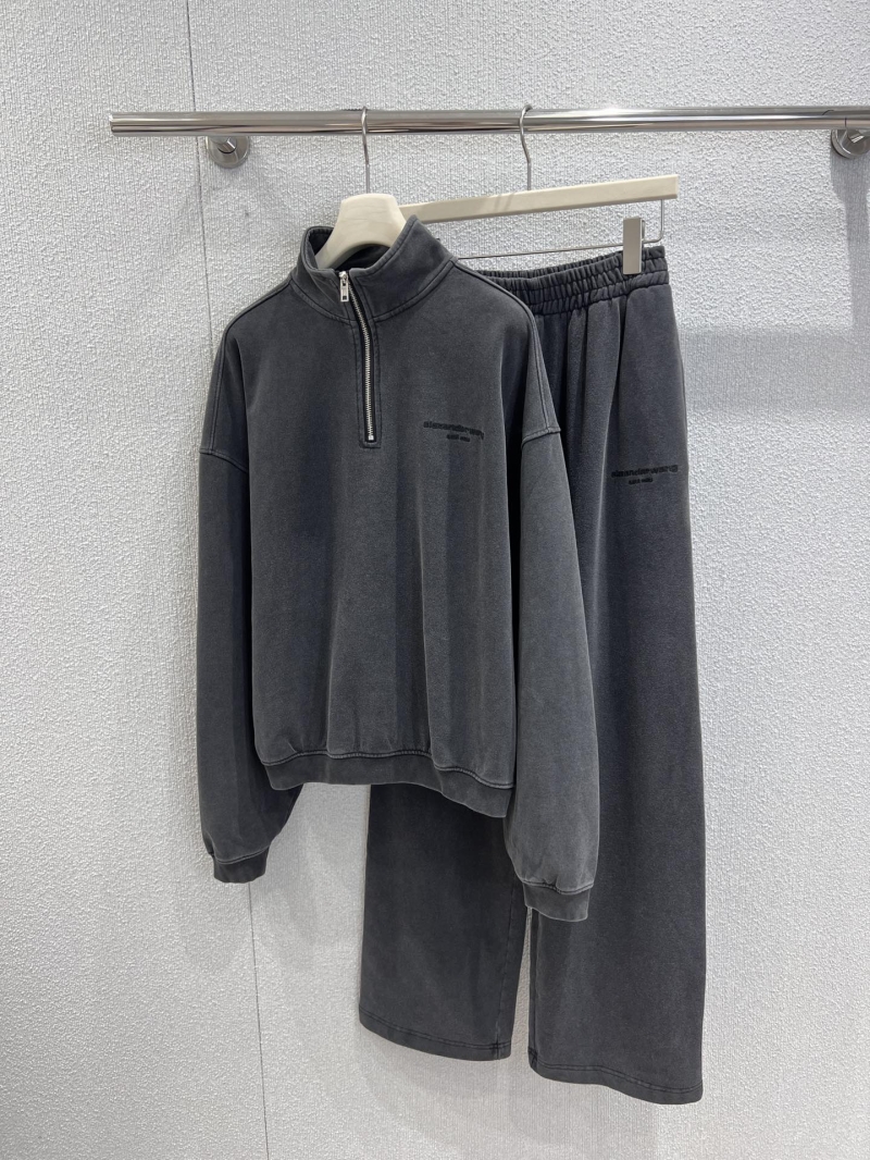 Alexander Wang Women's Washed Vintage Half-Zip Mock Neck Sweatshirt & Wide-Leg Pants Set - Deep Grey, Artisan Finish, Signature Micro-Logo Embroidery