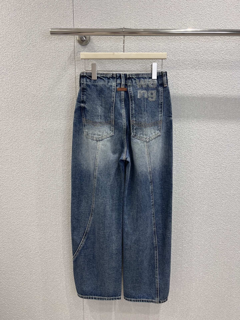 Alexander Wang 25FW Wide-Leg Denim Pants | Laser Lettering & Crystal Embellishments | Fleece-Lined | Medium Blue Washed