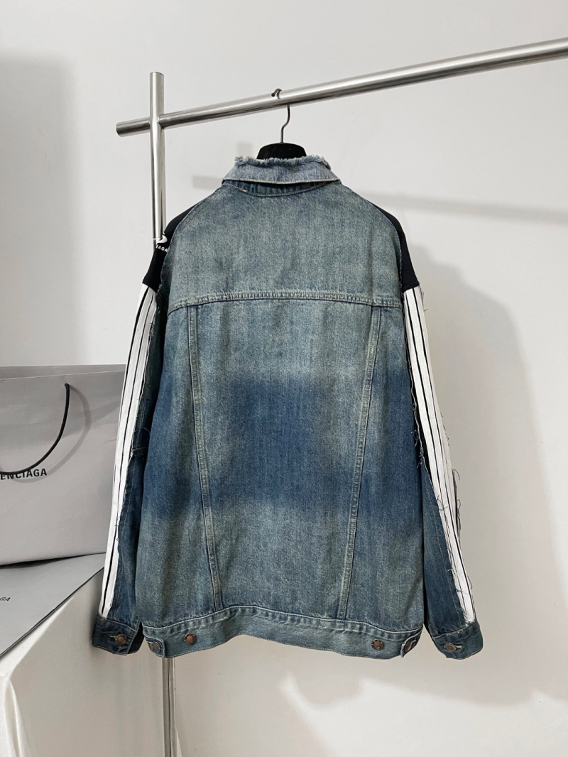 Balenciaga Denim Jacket, Limited Edition OS Fit with Contrast Striped Sleeves and Deconstructed Paneling