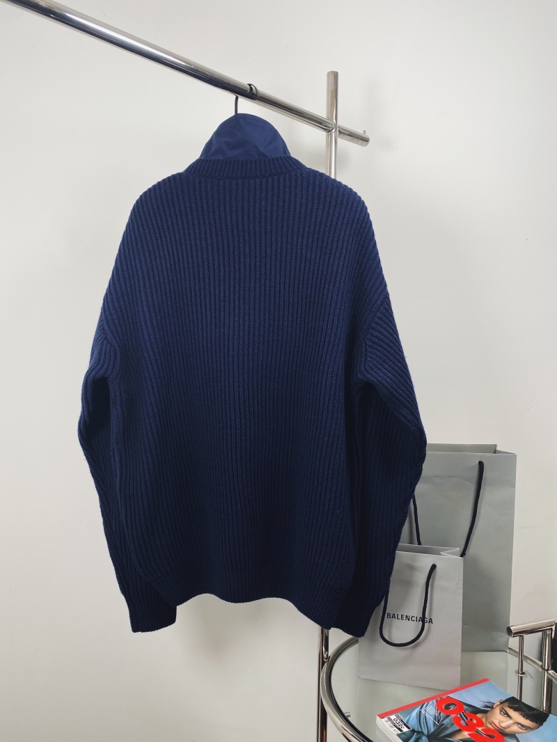 Balenciaga Navy Blue Oversized Ribbed Knit Sweater with Quarter-Zip Collar