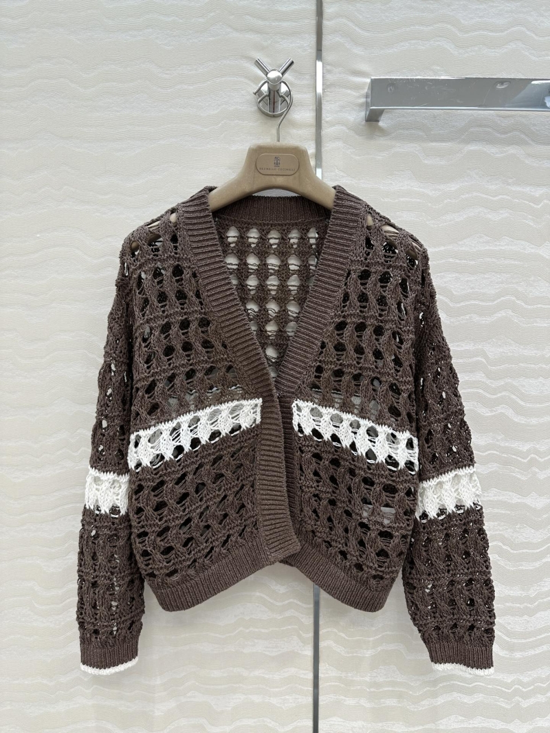 Brunello Cucinelli Luxe Khaki Lace-Detail Cardigan - Elegant Old Money Style