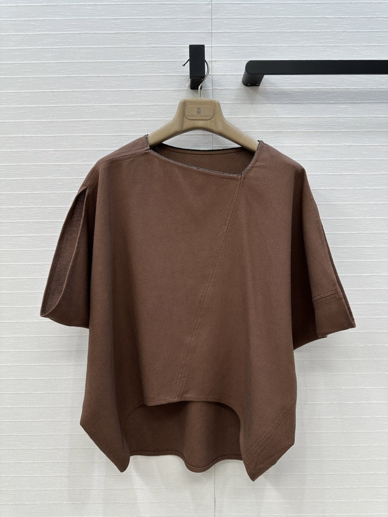 Brunello Cucinelli Exclusive Linen Suit Set in Caramel - Elegant Asymmetrical Top & Wrap Skirt