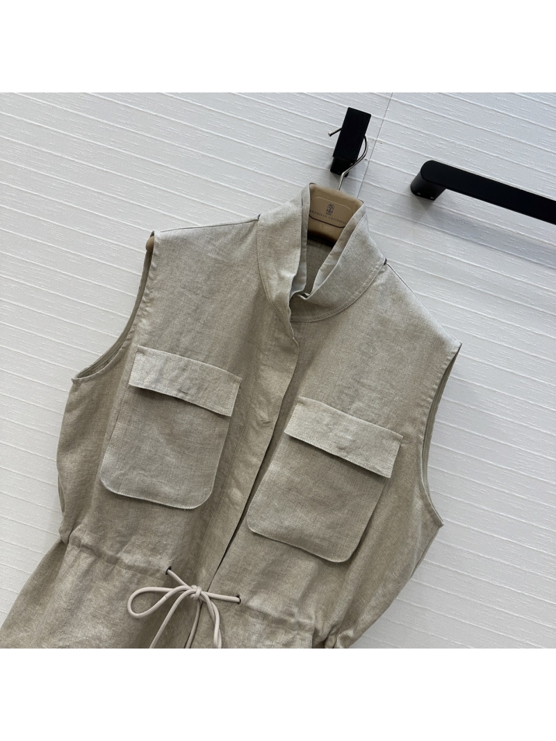 Brunello Cucinelli Linen Workwear Vest Coat in Grey Apricot - Luxe Relaxed Old Money Style
