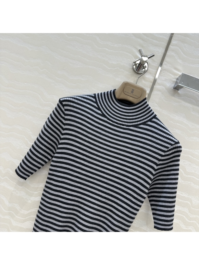 Brunello Cucinelli Elegant Striped Short Sleeve Top - Luxe Grey Black