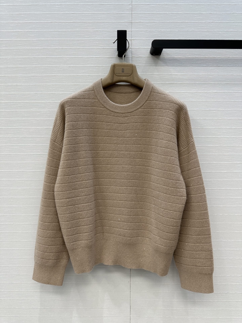 Brunello Cucinelli Luxe Cashmere Crewneck Sweater in Beige with Silver Thread Embellishments