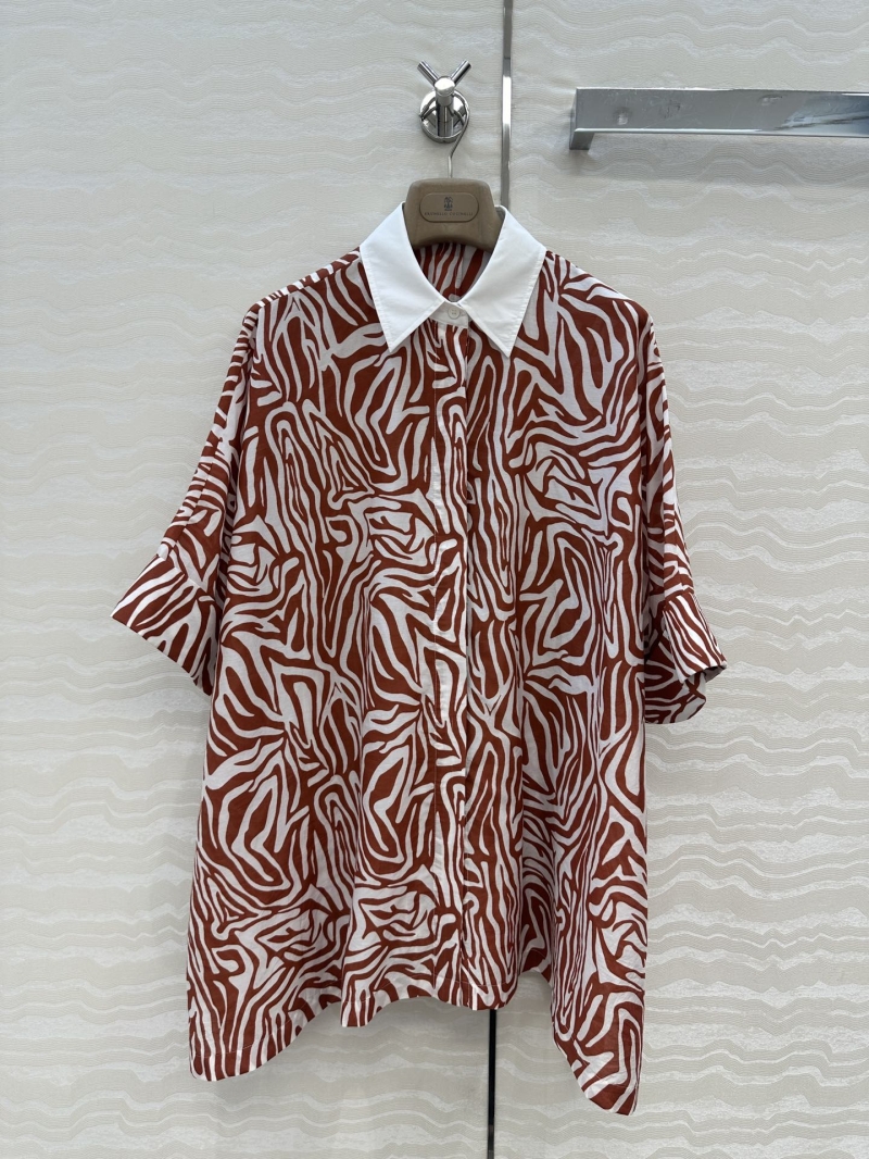 Brunello Cucinelli Exclusive Luxe Resort-Style Shirt Dress with Zebra Print & Copper Chain Detail in Dark Red
