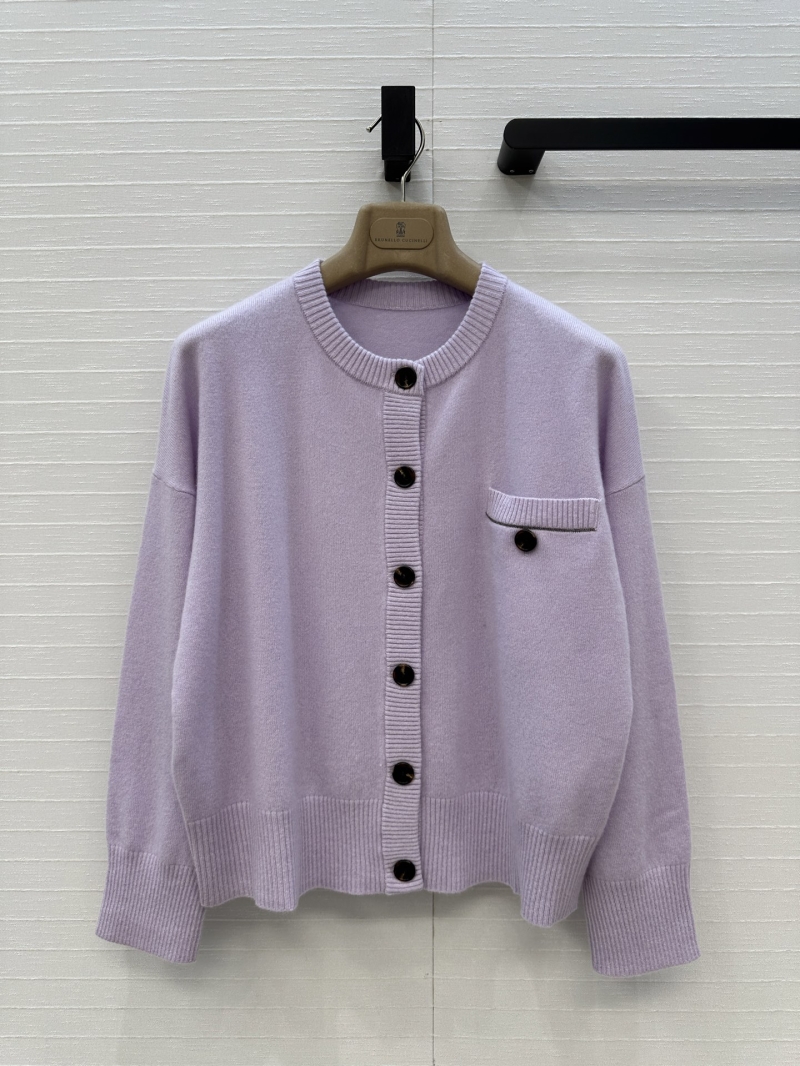 Brunello Cucinelli Lavender Cashmere Cardigan with Brass Chain Detail