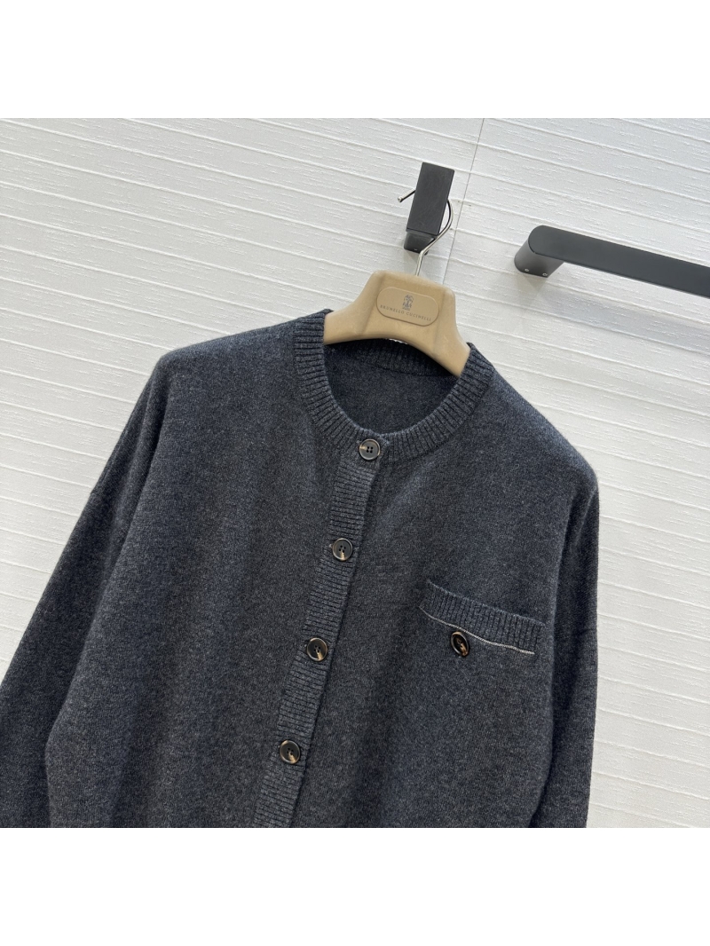 Brunello Cucinelli Exclusive Italian Minimalist Cashmere Cardigan with Copper Chain Detail - Dark Grey