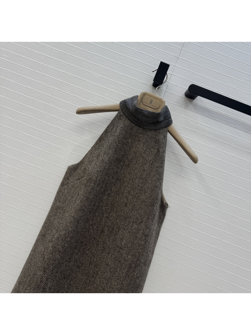 Brunello Cucinelli Luxe Herringbone Vest Dress with Bronze Chain Detail - Italian Minimalist Elegance