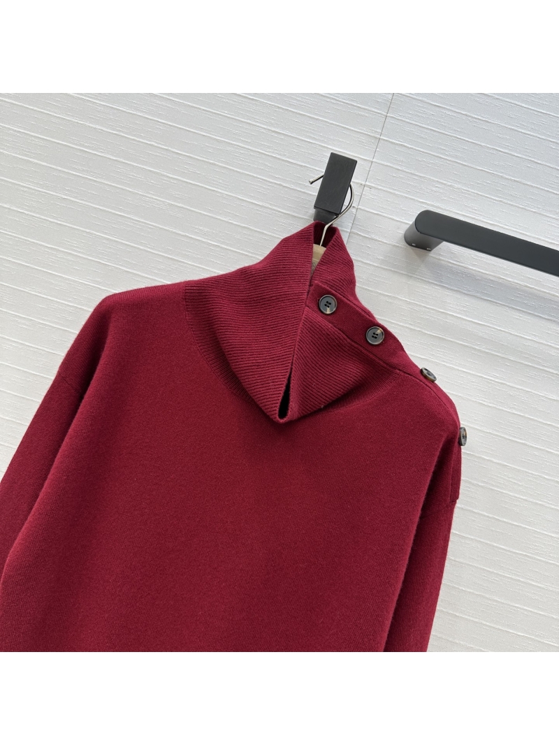 Brunello Cucinelli Exclusive High Neck Single-Button Shoulder Detail Cashmere Sweater in Wine Red