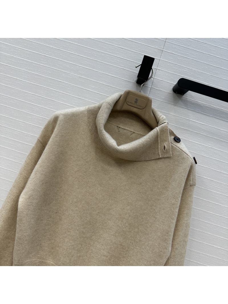 Brunello Cucinelli Exclusive High-Neck Single-Button Shoulder Detail Cashmere Sweater in Almond
