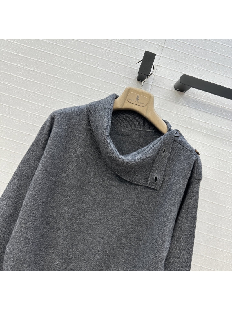 Brunello Cucinelli Exclusive High Neck Single-Button Shoulder Detail Cashmere Sweater in Grey