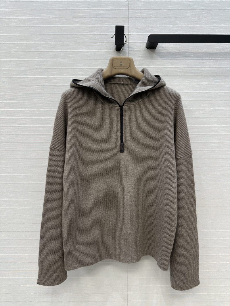 Brunello Cucinelli Exclusive Zip-Up Hooded Cashmere Knit Sweater with Beaded Detail