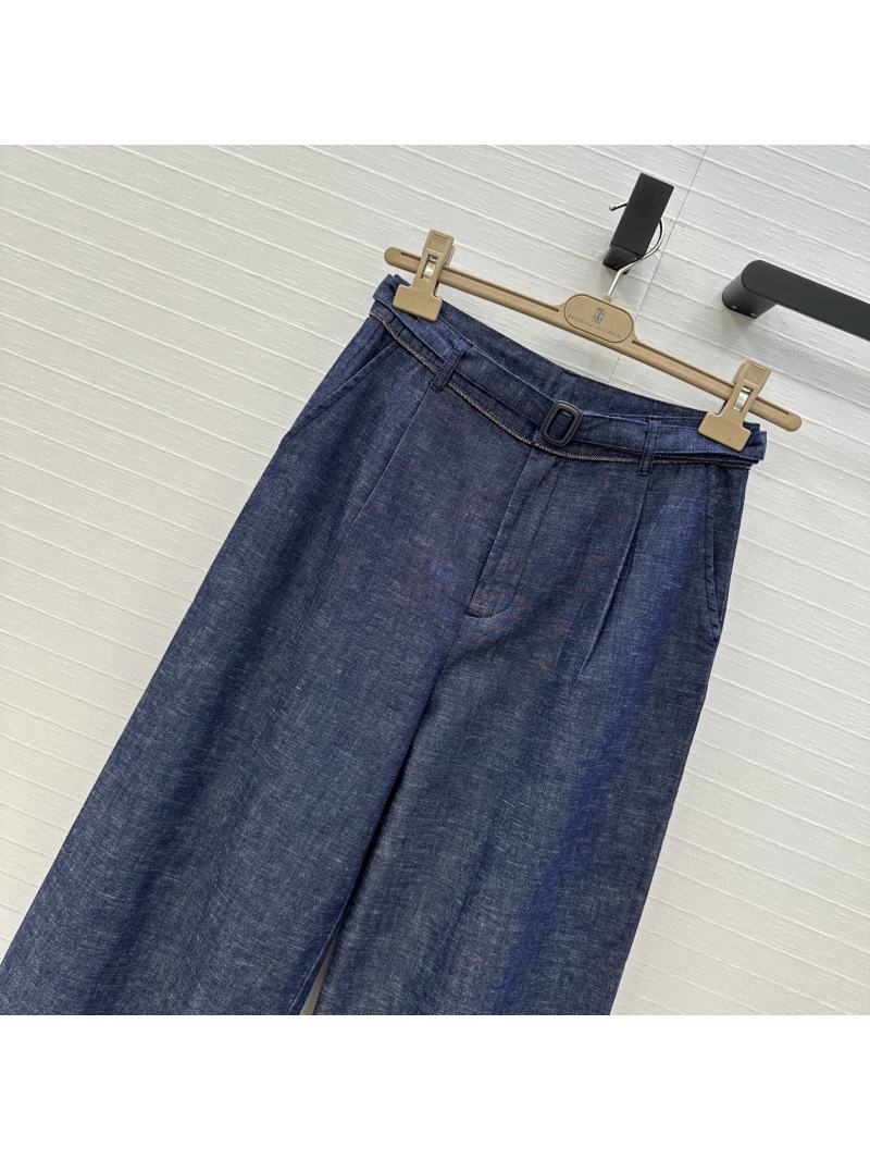 Brunello Cucinelli Luxe Early Autumn Long Tie-Waist Denim Trousers with Copper Chain Detail
