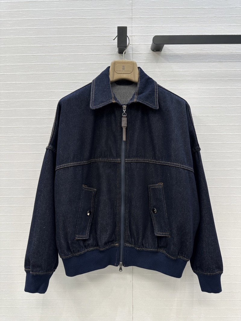 Brunello Cucinelli Luxe Denim Flight Jacket in Original Wash - Italian Minimalist Style with Chain Detail