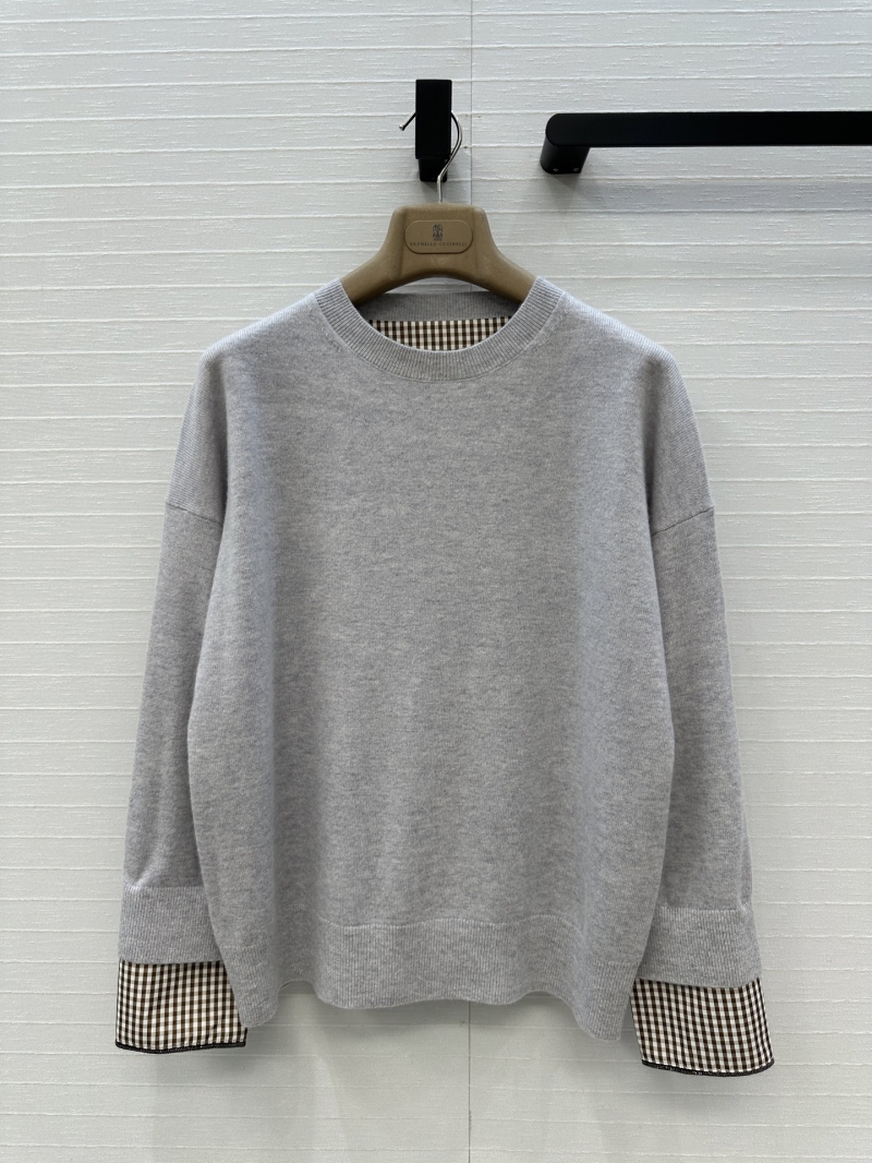 Brunello Cucinelli Exclusive Cashmere Knit Sweater in Grey with Detachable Checkered Sleeves