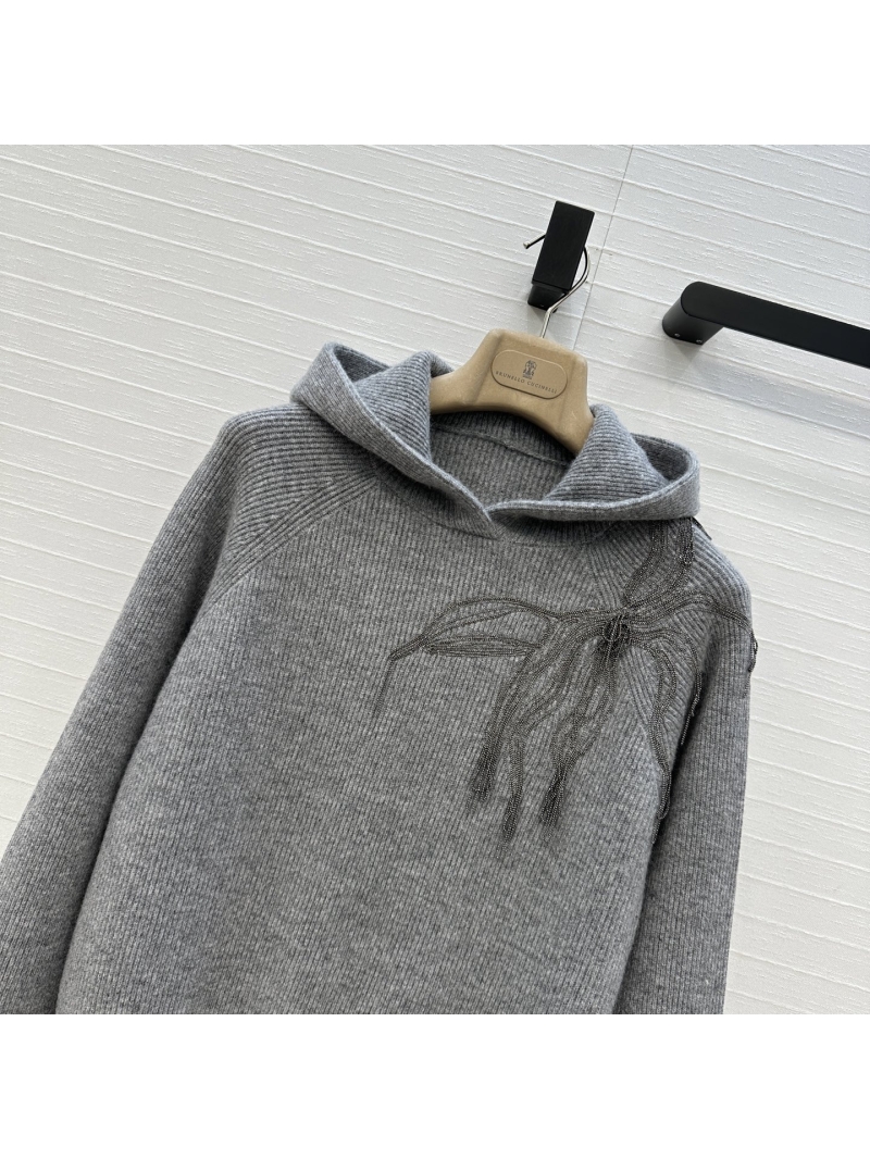 Brunello Cucinelli Exclusive Luxe Cashmere Hoodie with Floral Fringe and Handcrafted Copper Chain Appliqu"s