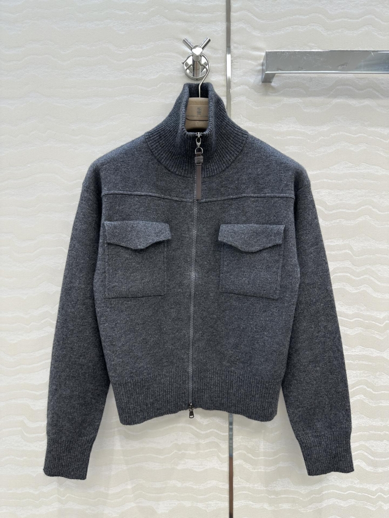 Brunello Cucinelli Exclusive Imported Cashmere Knit Collared Jacket Coat in Grey