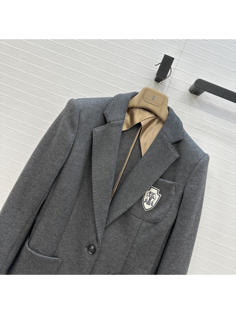 Brunello Cucinelli Luxe Early Fall Tennis Collection Badge Embroidered Blazer with Copper Chain Detail