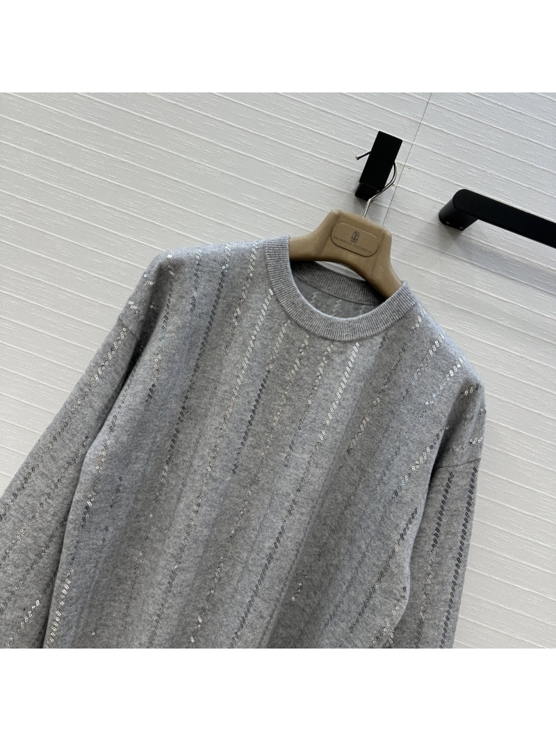 Brunello Cucinelli Exclusive Luxe Cashmere Embroidered Stripe Top in Grey