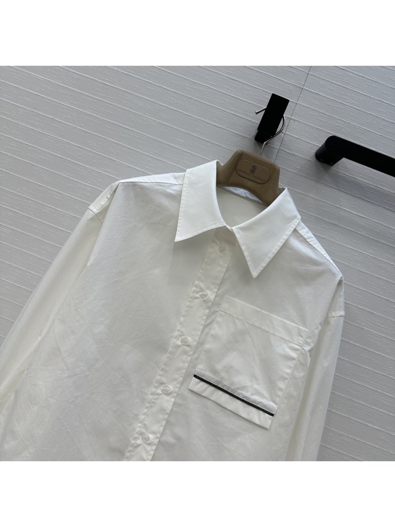 Brunello Cucinelli Luxe Short-Sleeve Shirt in White with Copper Chain Detail