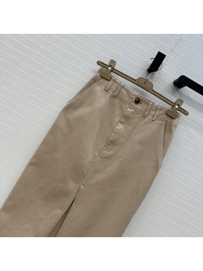 Brunello Cucinelli Luxe Distressed Pink Denim Maxi Skirt with High Slit