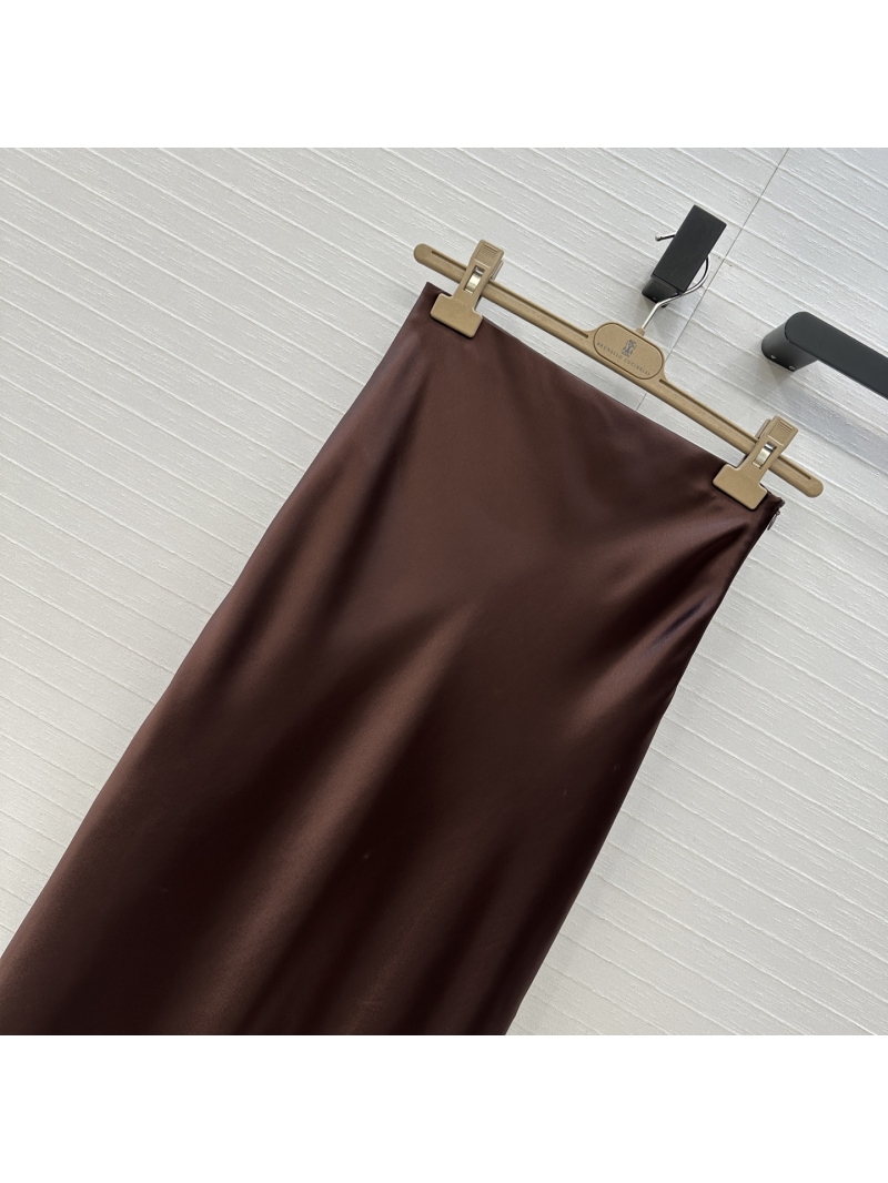 Brunello Cucinelli Exclusive Luxe High-Waist Midi Skirt in Caramel - Minimalist Aesthetic with Slit Detail