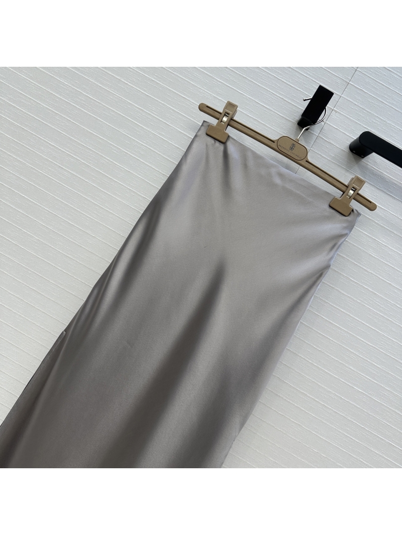 Brunello Cucinelli Exclusive Minimalist High-Waist Midi Skirt in Grey - Luxe Acetate Silk Blend with Slit Detail