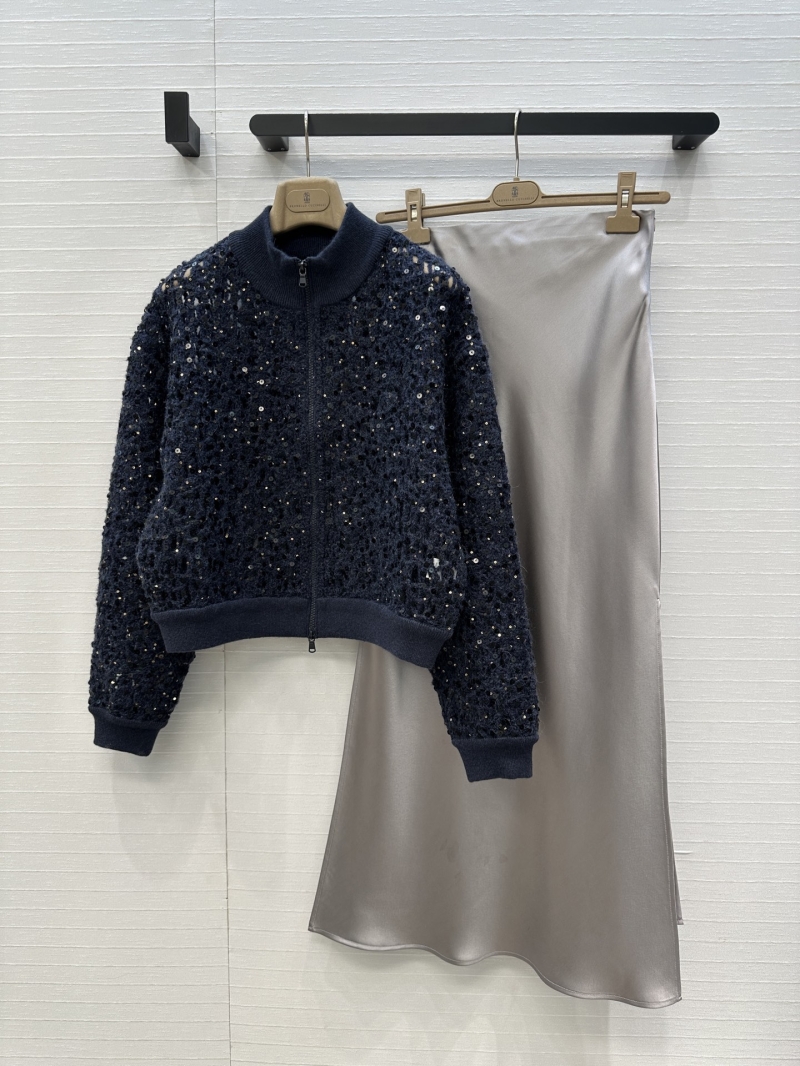 Brunello Cucinelli Luxe Cashmere Baseball Jacket in Deep Blue - Exclusive High-End Embroidered Cardigan