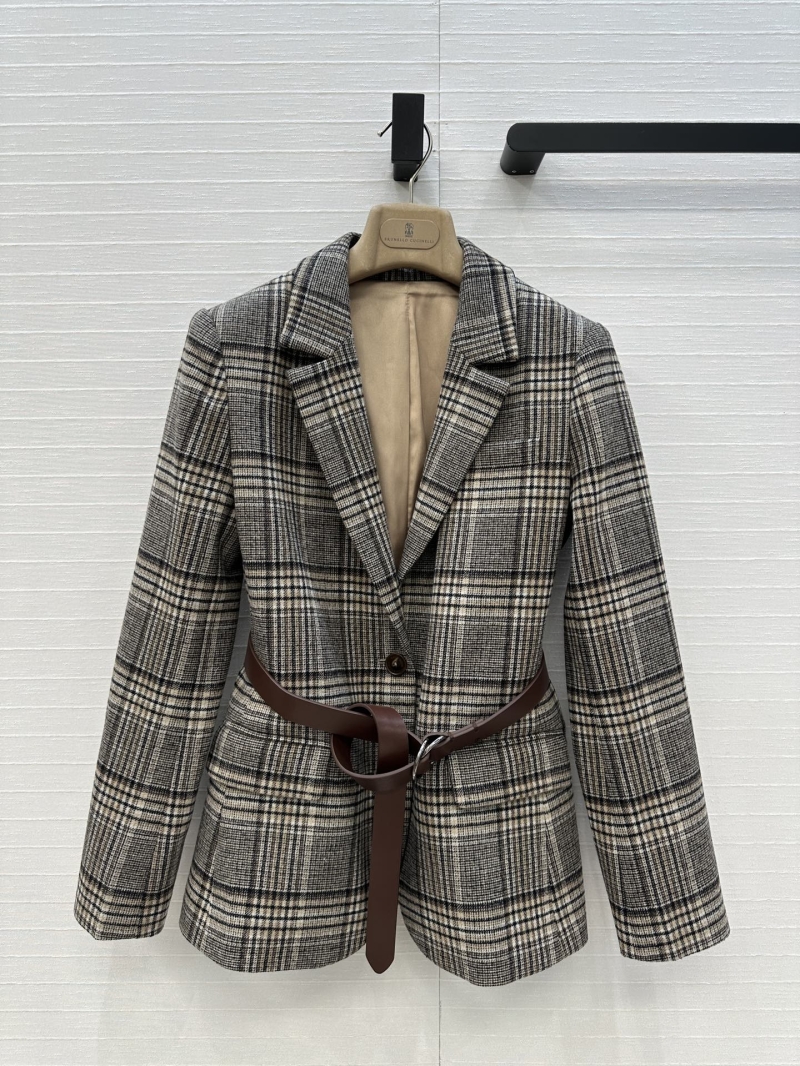 Brunello Cucinelli BC25 Early Autumn Collection Scottish Plaid Suit Set - Belted Single-Breasted Blazer with Pleated Mini Skirt
