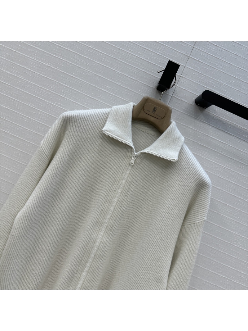 Brunello Cucinelli Exclusive Luxe Cashmere Zip-Up Knit Jacket in White with Silver Thread Detailing