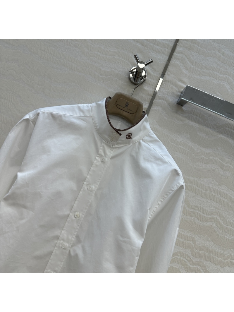 Brunello Cucinelli Exclusive French Elegance White Shirt with Stand Collar and Copper Chain Details