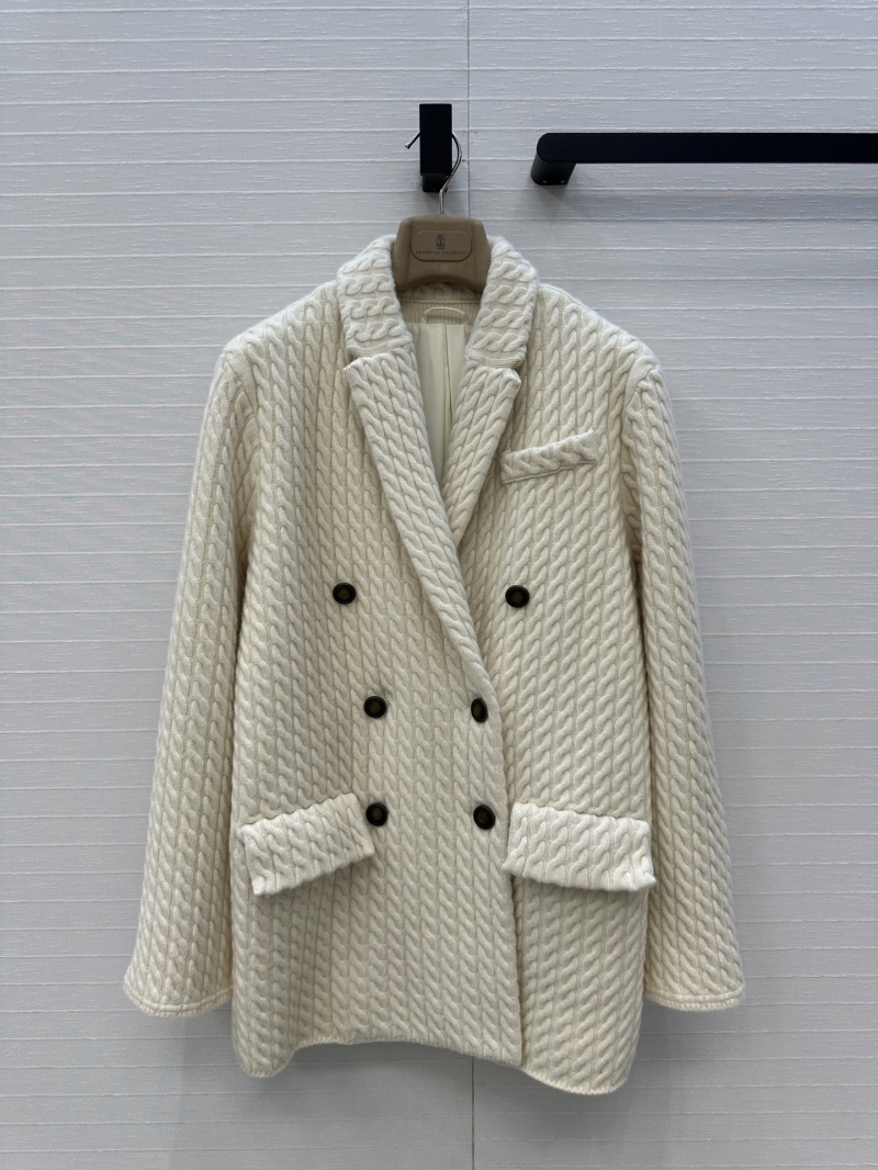 Brunello Cucinelli Cable Knit Cashmere Blend Blazer in White - Timeless Old Money Elegance
