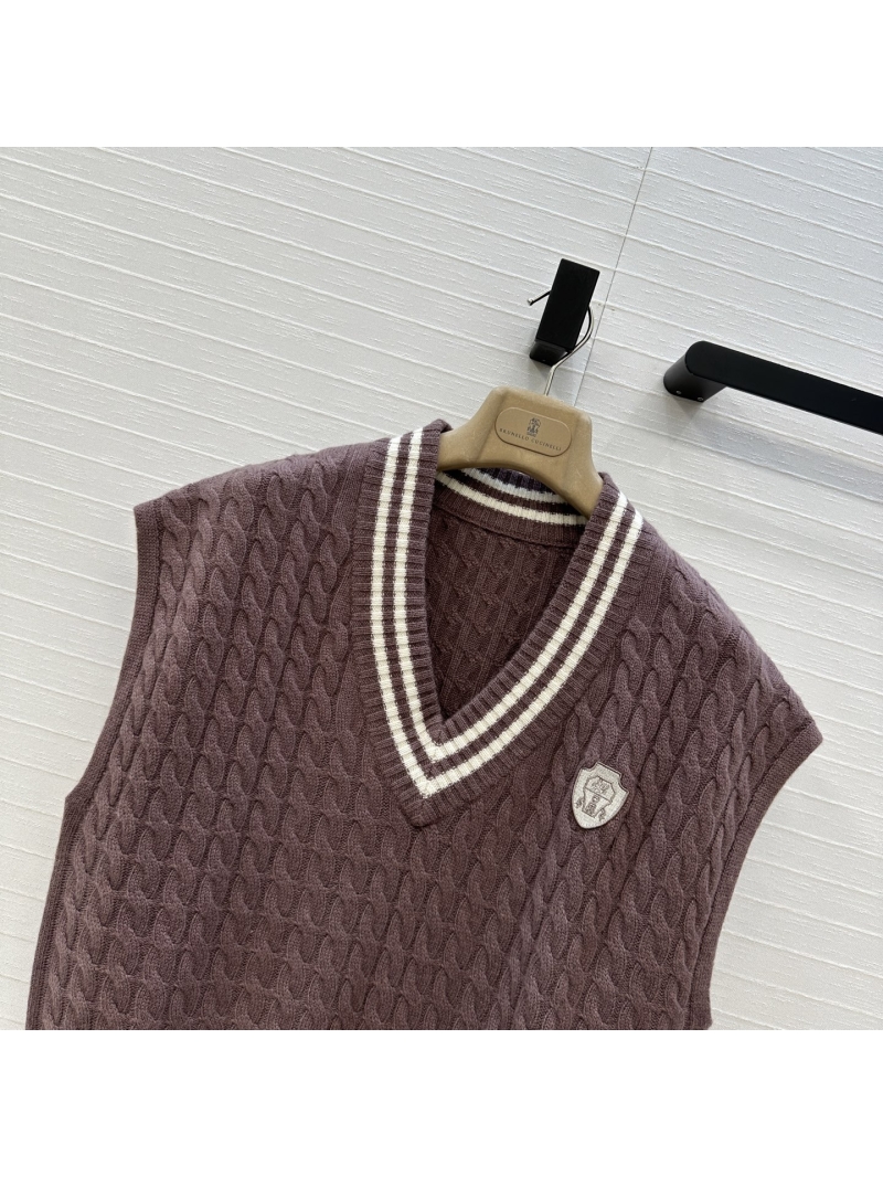 Brunello Cucinelli Tennis Capsule Collection Logo Embellished Cashmere Knit Vest in Collegiate Stripes