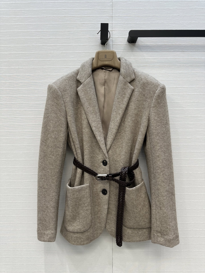 Brunello Cucinelli Early Autumn Knitted Blazer with Brass Chain Detailing and Woven Belt