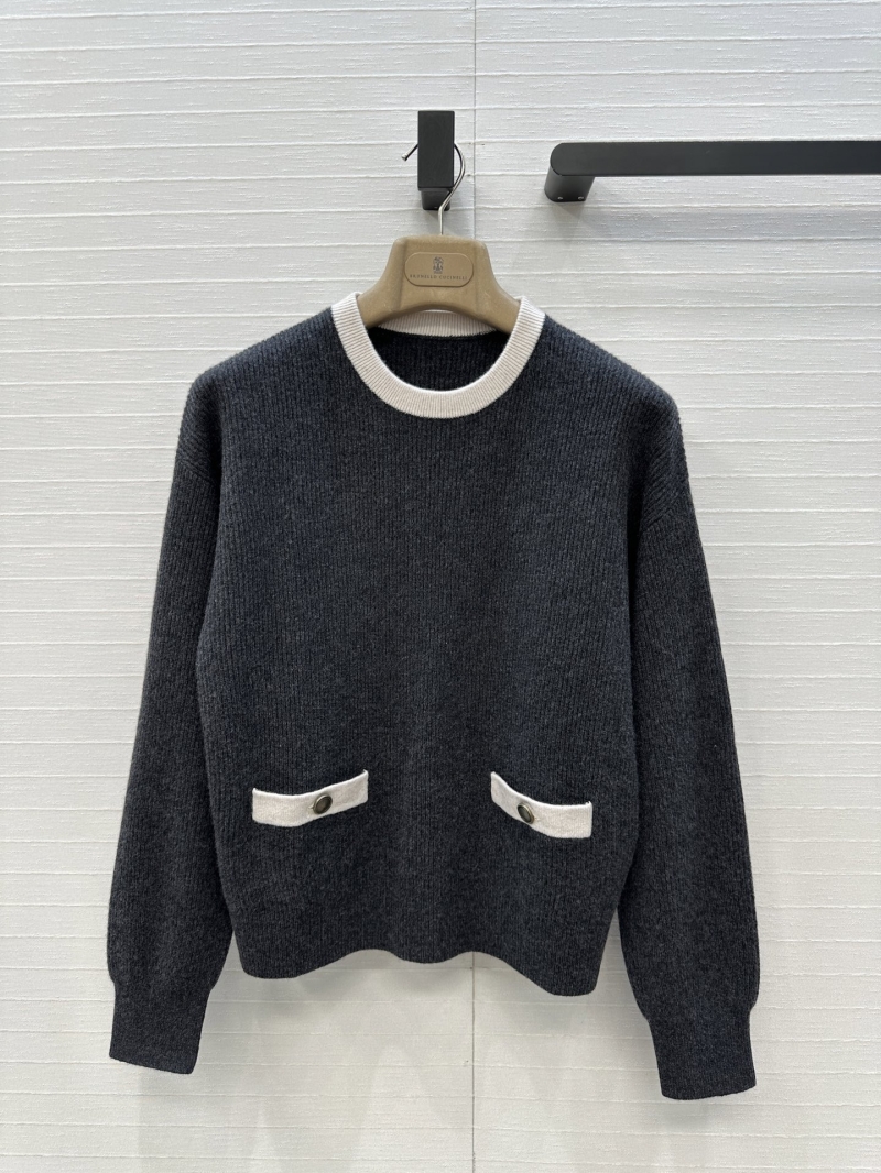 Brunello Cucinelli Exclusive Greige Cashmere Knit Sweater with Metallic Trim