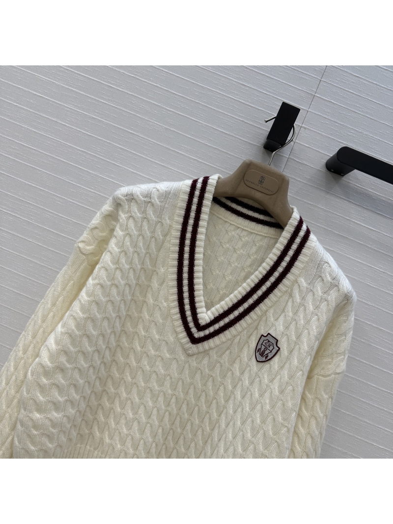 Brunello Cucinelli Tennis Capsule Collection Logo-Embellished Cashmere Sweater in Cream White