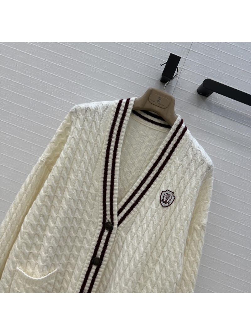 Brunello Cucinelli V-Neck Logo-Embellished Cashmere Blazer in Cream White