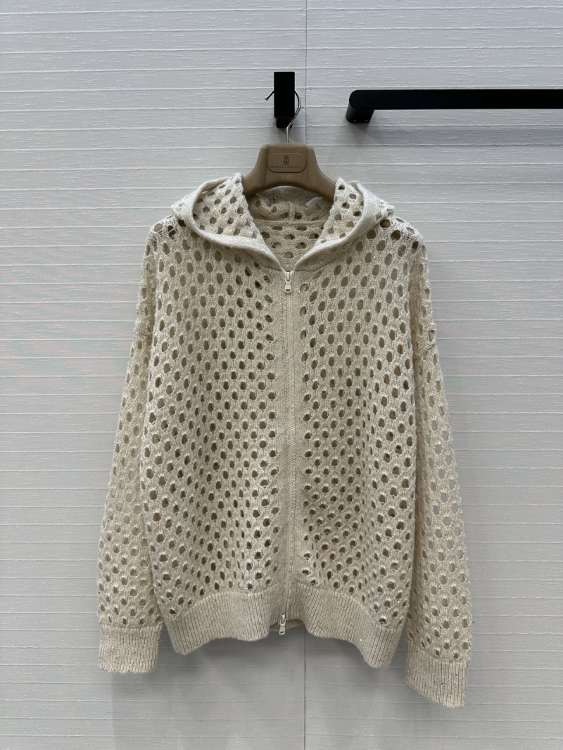 Brunello Cucinelli Luxe Embroidered Beaded Lace Hooded Cardigan in Cream